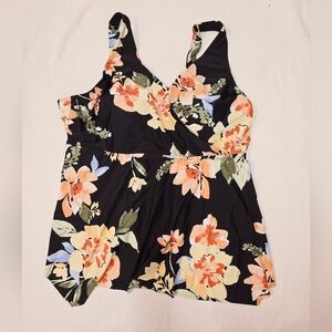 Kona Sol Floral V-Neck Flowy Tankini Top, Peach/Black - (26W)